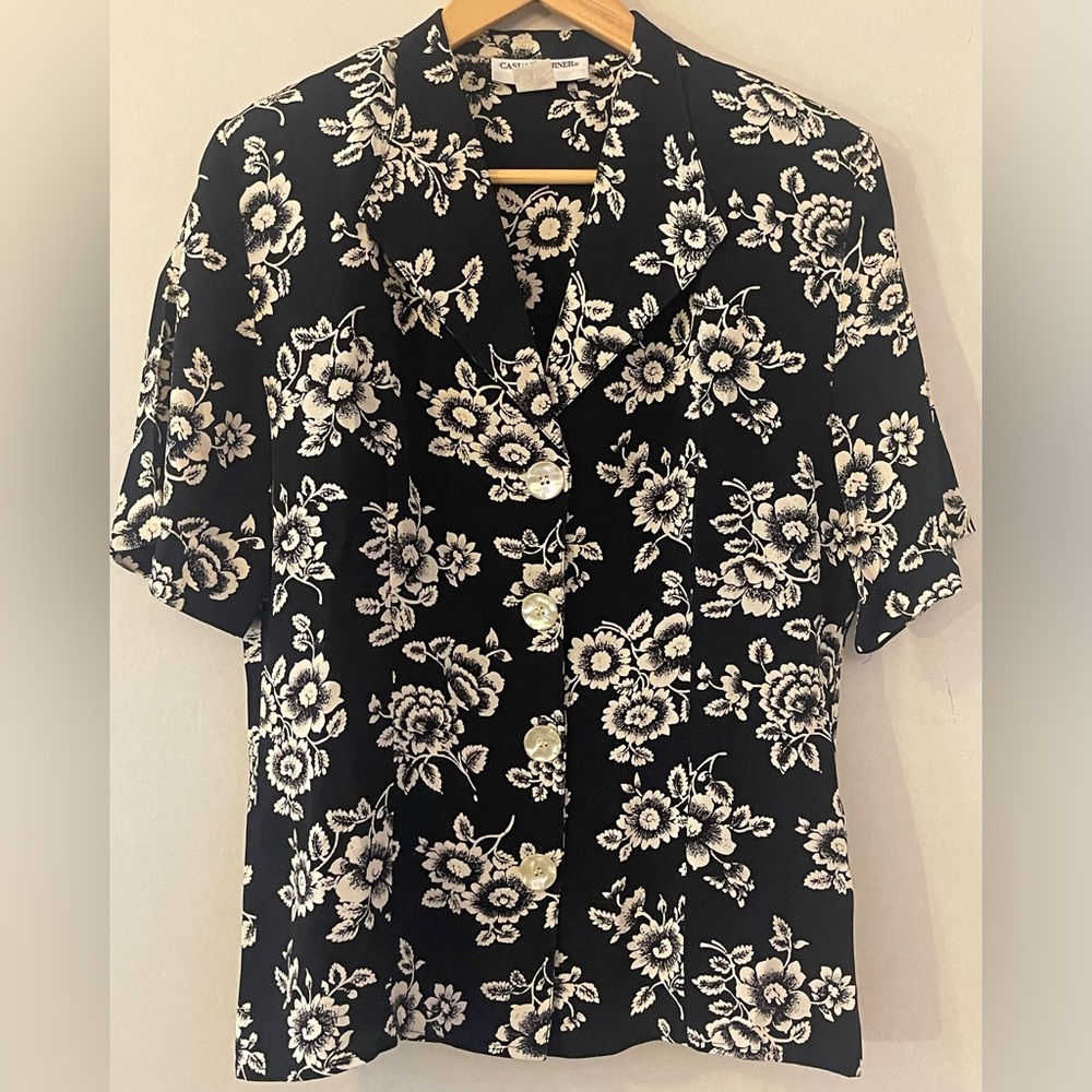 Black & White Floral Button Down Blouse, Size 8